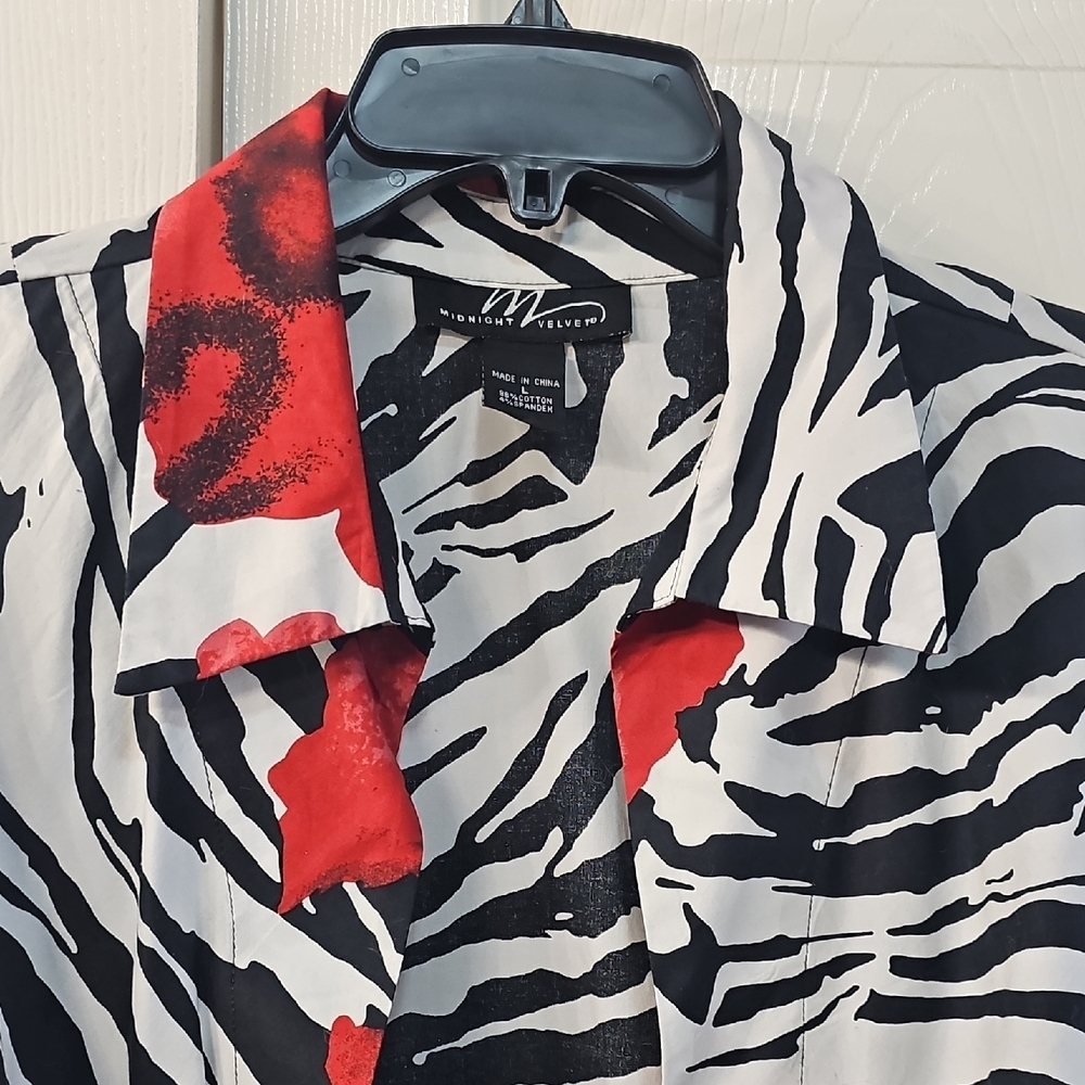 Midnight Velvet Zebra Print Red Rose Open Blouse Tie-Front  Large Colorful - Picture 5 of 10